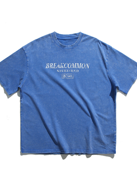 夏季新款美式重磅小众复古做旧字母印花圆领T恤宽松纯棉短袖潮