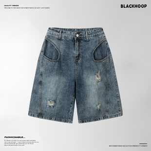 夏季个性破洞牛仔短裤男款时尚潮流痞帅休闲五分裤浅蓝色破烂中裤