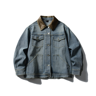 2025美式潮牌复古拼接皮领多口袋蓝色牛仔外套男女宽松休闲夹克