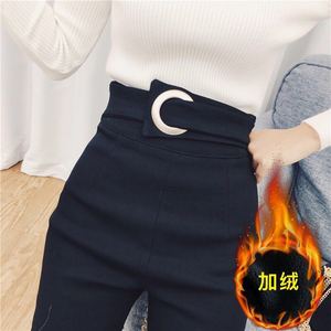 加绒加厚秋季新款金属扣高腰显瘦弹力长裤女港味不规则铅笔裤女