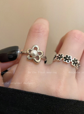 黑色滴釉珍珠小花朵开口戒指女复古气质食指戒高级感百搭小众指环