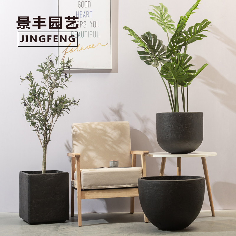仿石头黑色花盆北欧创意盆栽水泥花盆个性黑陶瓷大号特大家用