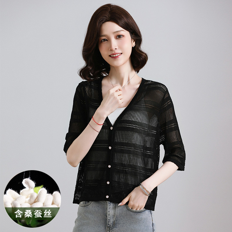 桑蚕丝镂空开衫女2026春夏新款薄款防晒针织衫黑色中袖外搭上衣