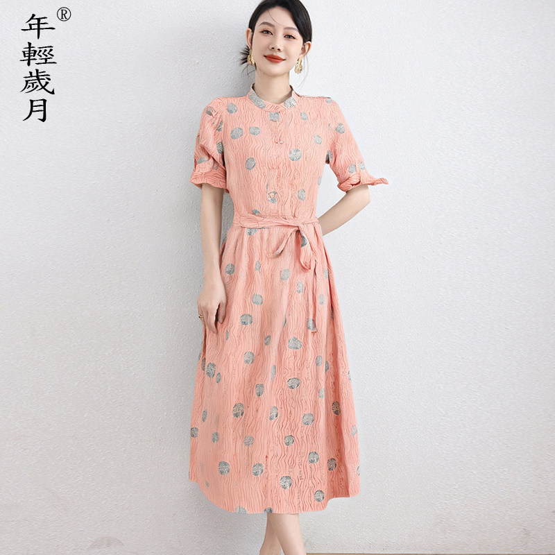 时尚高端真丝连衣裙女中长款五分袖气质时尚桑蚕丝印花显瘦裙子秋