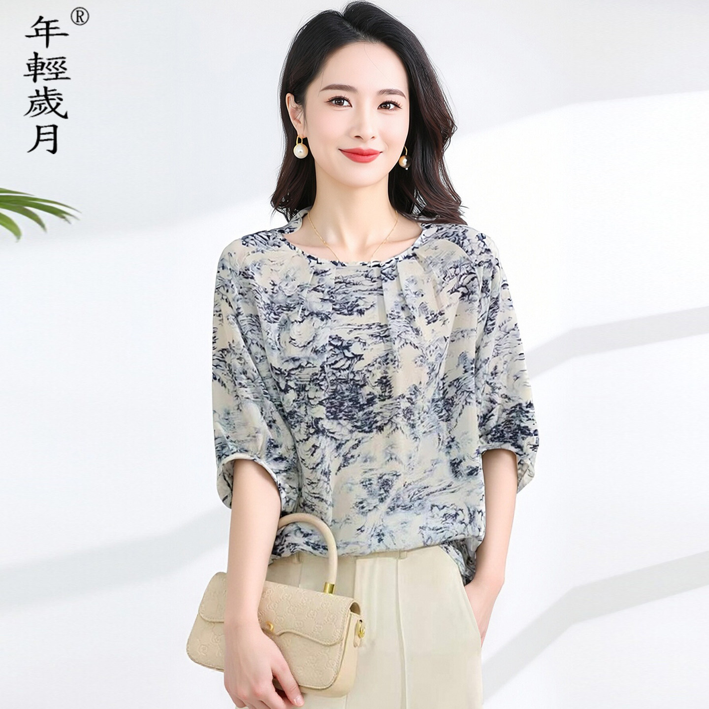 印花真丝衬衫女2026夏季新款五分袖圆领减龄中年妈妈桑蚕丝上衣
