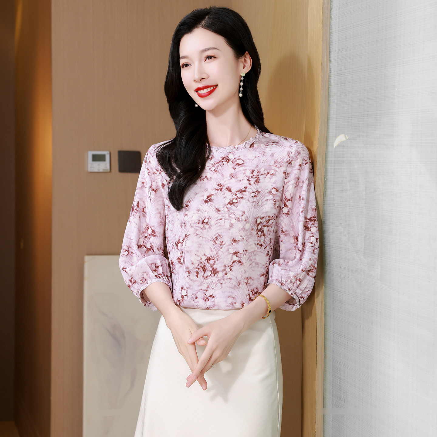 时尚花边领真丝衬衫女2026夏季新款七分袖桑蚕丝印花上衣气质女装