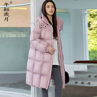 95白鸭羽绒服女长款过膝2025冬新款针织连帽气质显瘦加厚保暖外套