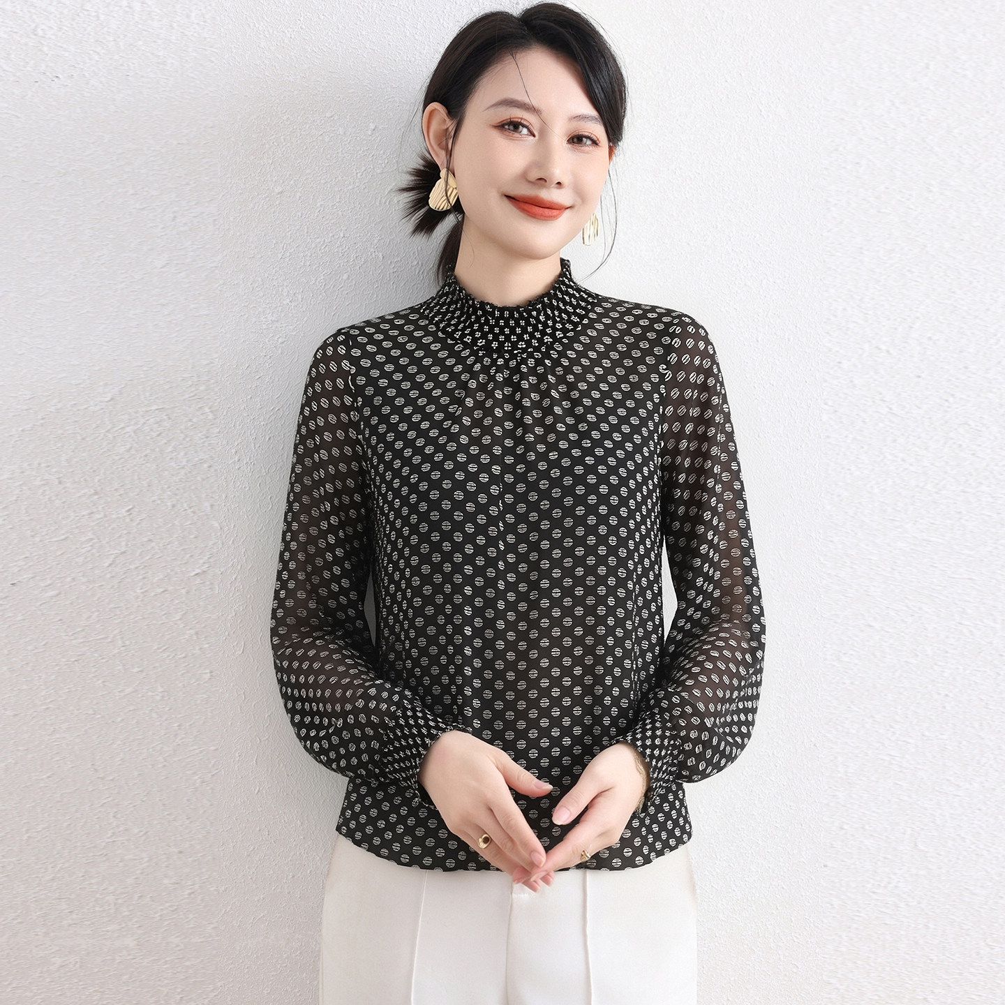 法式复古黑色波点立领长袖真丝衬衫女百搭优雅桑蚕丝小衫上衣
