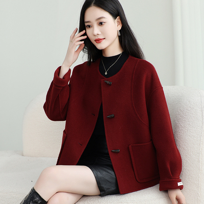 双面羊毛大衣女短款2025年秋冬新款牛角扣时尚高级感羊毛呢子外套