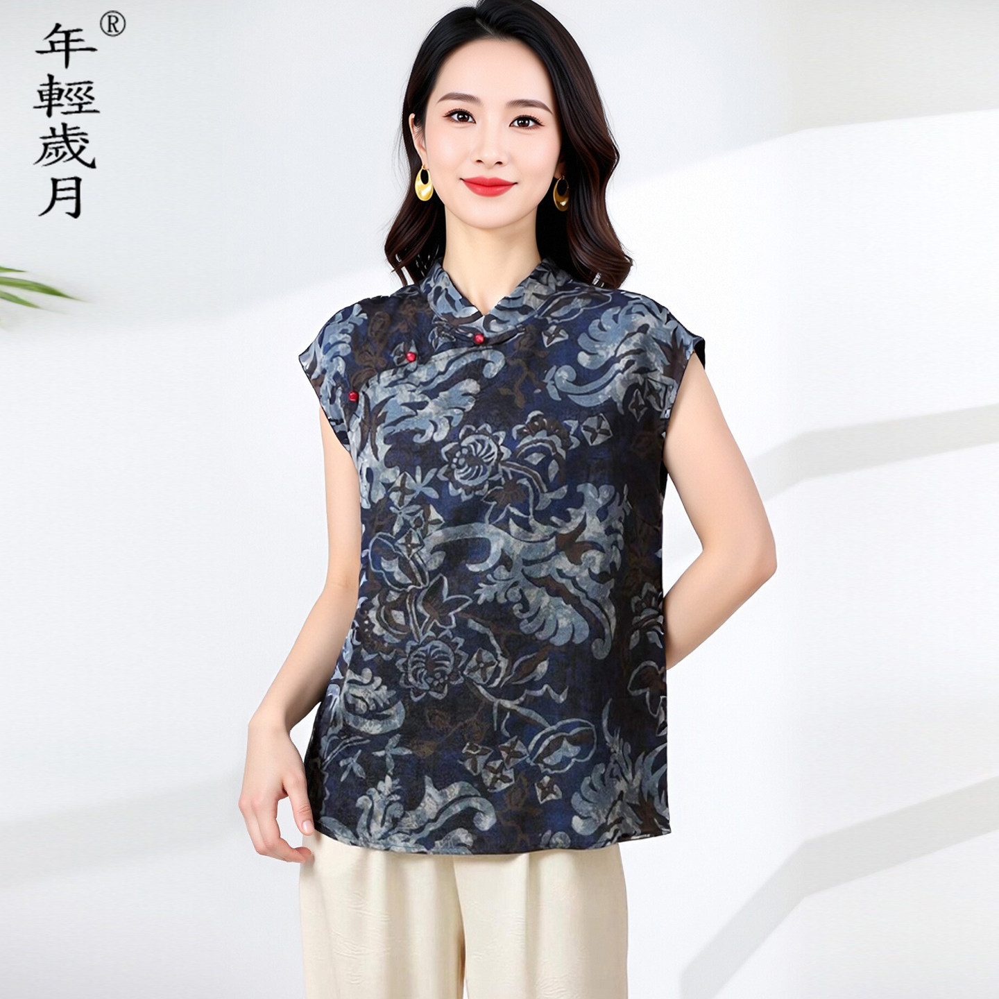 民国风真丝上衣女2026夏季新款立领印花旗袍领国风桑蚕丝气质小衫