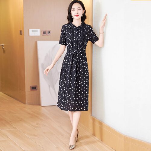 气质真丝连衣裙女2026夏季新款中年妈妈收腰气质优雅桑蚕丝中长裙