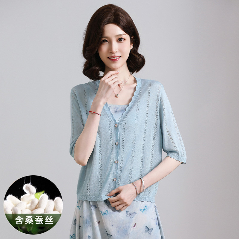 桑蚕丝镂空中袖开衫女春夏薄款短款冰丝针织外套外搭简约风上衣