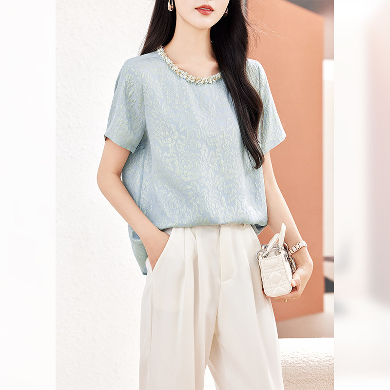 重磅真丝衬衫女短袖2026夏新款轻奢高级感金丝冠乐绉桑蚕丝上衣