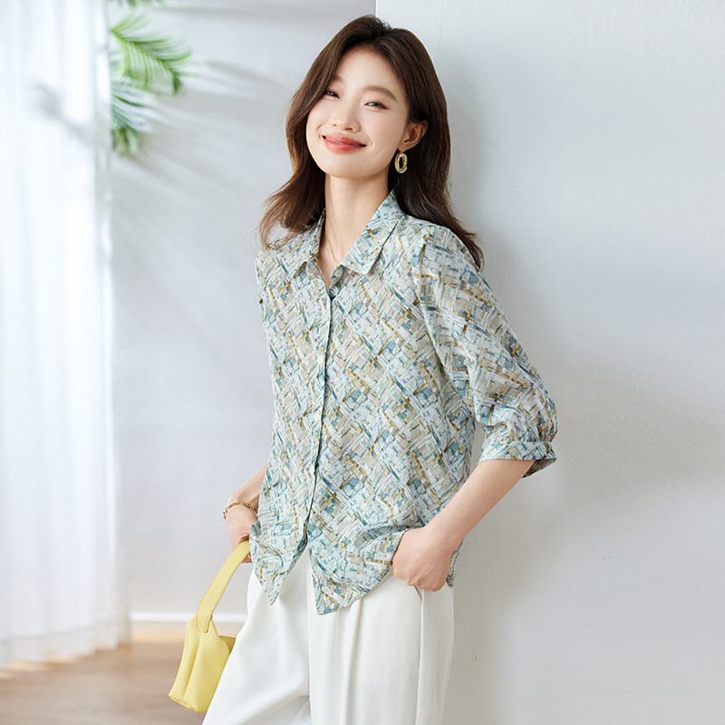 淑女风真丝衬衫女2026夏季新款长袖几何印花翻领高端上衣洋气小衫