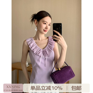 显瘦蝴蝶结系带上衣 XXNING 法式 小香风荷叶边领背心女夏薄款 修身