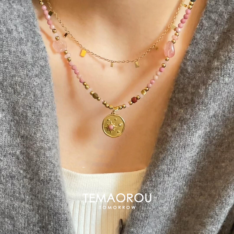 vintager中古叠戴钛钢不掉色太阳花吊坠粉色天然石串珠锁骨链项链