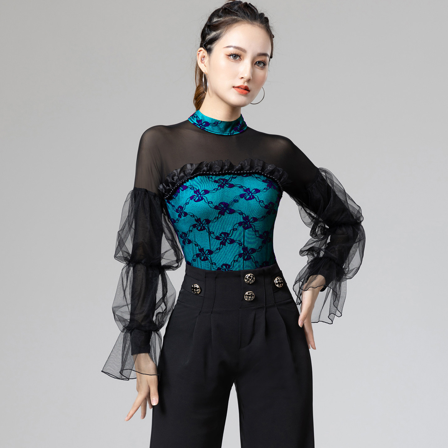 妹姿彩摩登舞长袖连体上衣练功