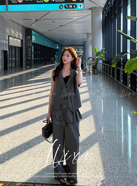 Liixu 小众轻熟通勤套装女灰色蕾丝拼接西装马甲显瘦阔腿裤两件套