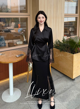Liixu 高级感蕾丝拼接黑色衬衫高腰半裙两件套女轻奢穿搭一整套装