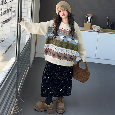 女童2025秋冬款韩版圆领套头毛衣