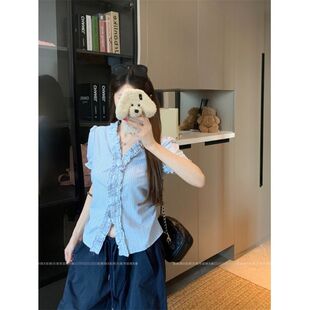 2026红人馆短袖衬衫女夏独特超好看单穿小衫法式小资上衣粉色条纹