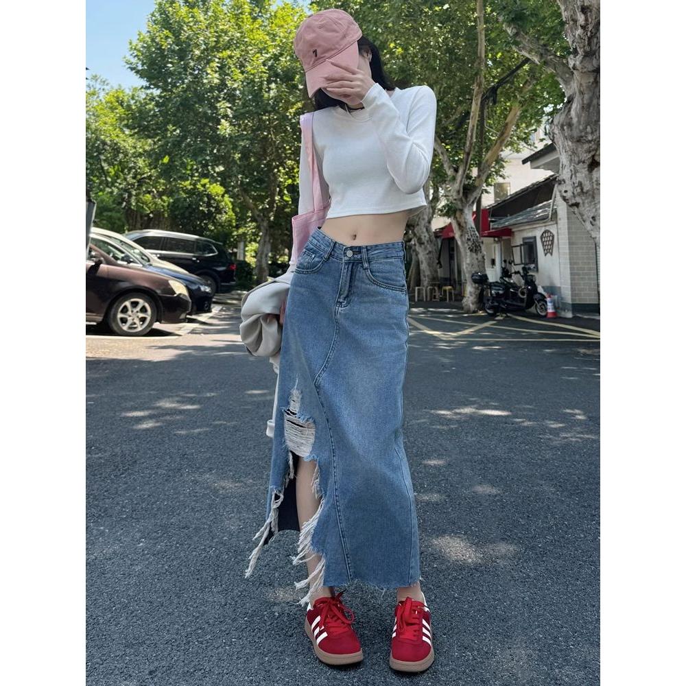 设计感破洞流苏牛仔半身裙女夏装时尚复古高腰显瘦中长款包臀裙子