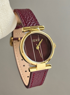 MIDI安可拉红手表女皮带轻奢小众高级感条纹圆形小表盘精致石英表