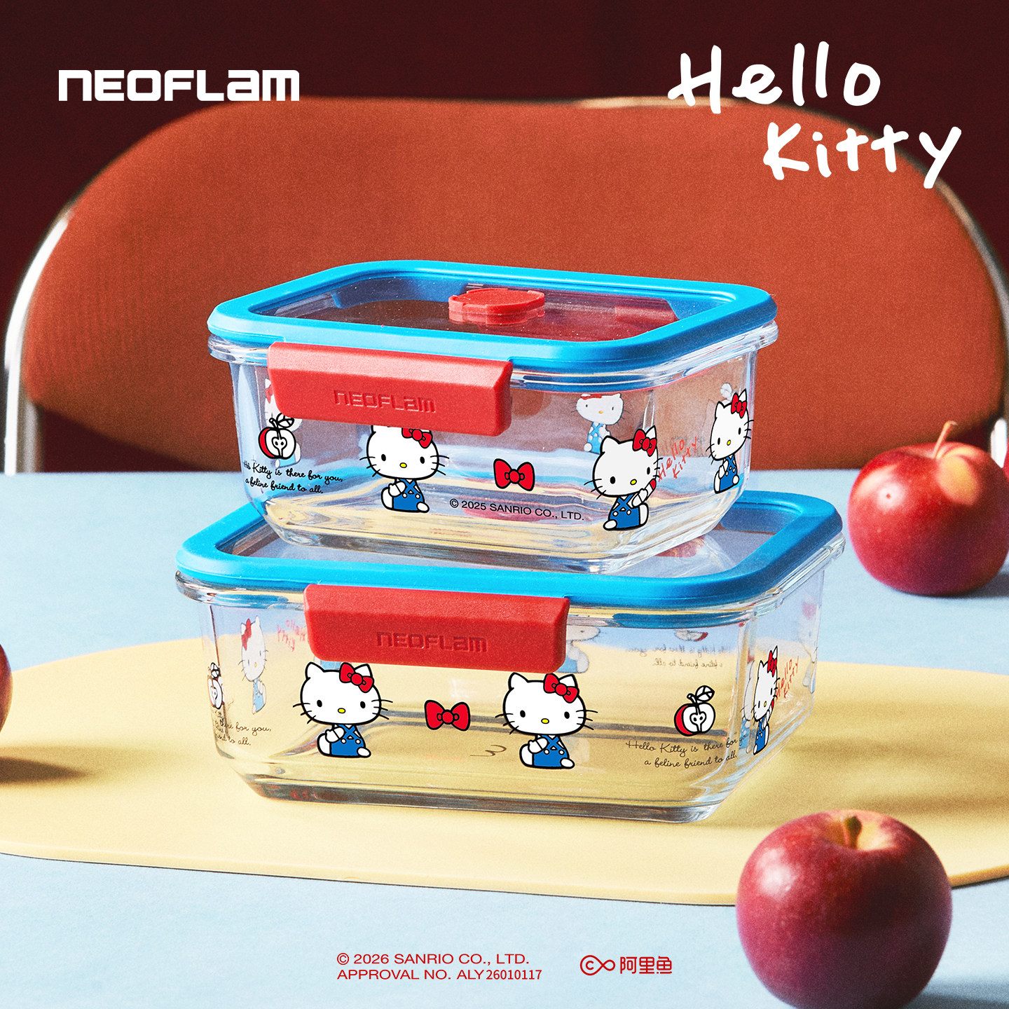 Neoflam三丽鸥Hello kitty玻璃保鲜盒微波炉加热饭盒水果盒保鲜碗