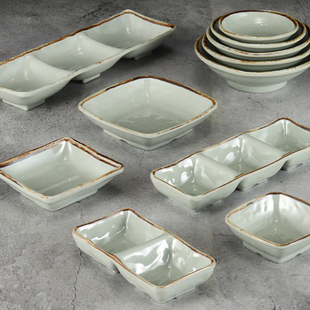 复古日式味碟双格三格蘸料碟密胺仿瓷调味碟酱料碟单耳蘸料碗商用