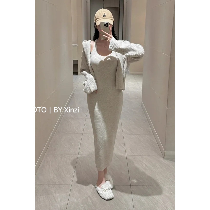 辛子韩国代购法式温柔风针织两件套女修身显瘦开衫外套吊带连衣裙