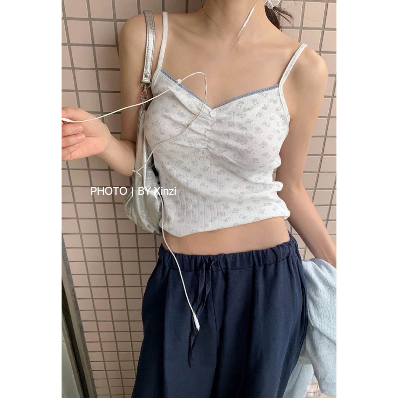 夏季纯欲辣妹碎花修身吊带背心