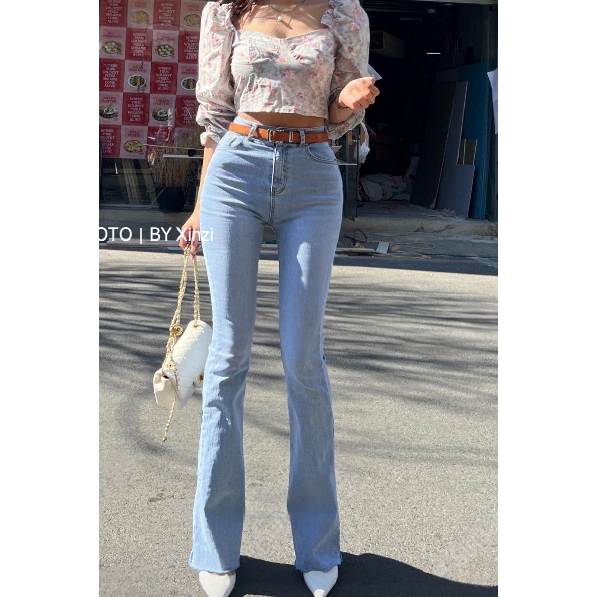 韩国代购高腰显瘦微喇牛仔裤女