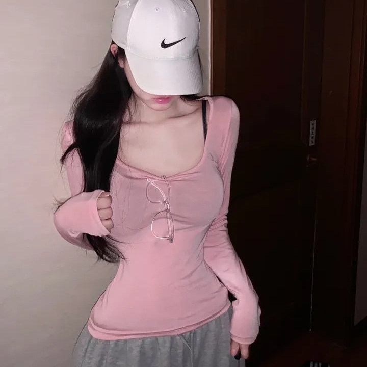 韩国代购性感辣妹粉色长袖T恤女
