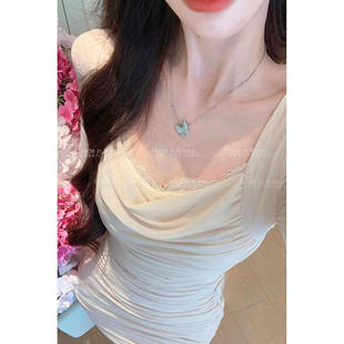 辛子韩国代购女人味性感长袖蕾丝拼接荡领连衣裙女褶皱包臀短裙