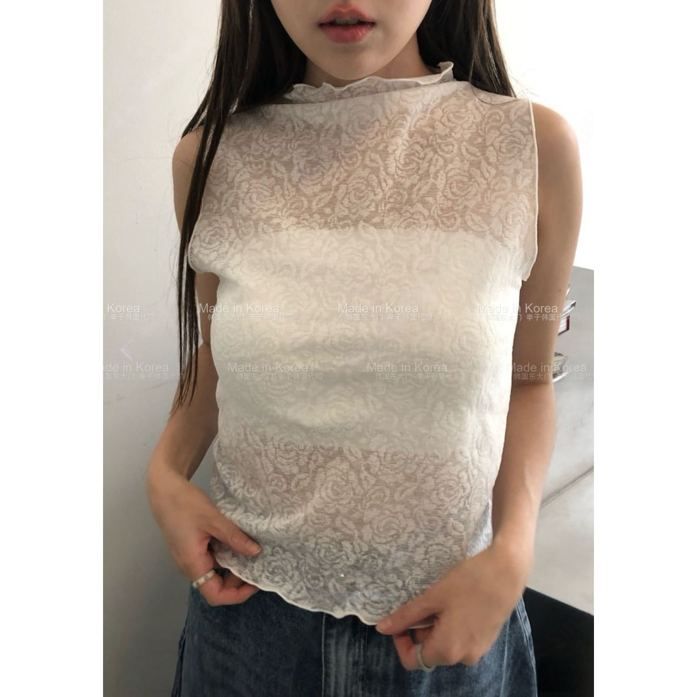纯欲半高领蕾丝吊带背心夏薄款
