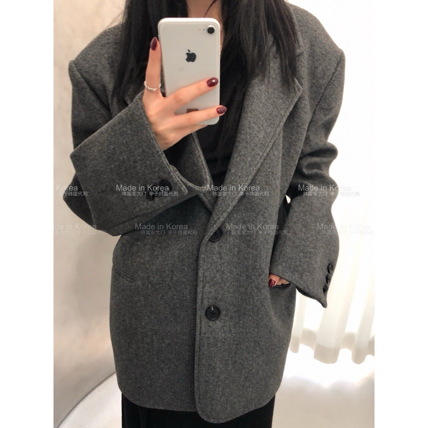 辛子韩国代购秋冬翻领宽松羊毛混纺西装夹克女中长款外套