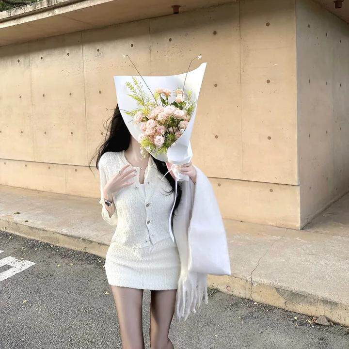 辛子韩国代购套装东大门新款单排扣小香针织开衫外套+粗呢半身裙