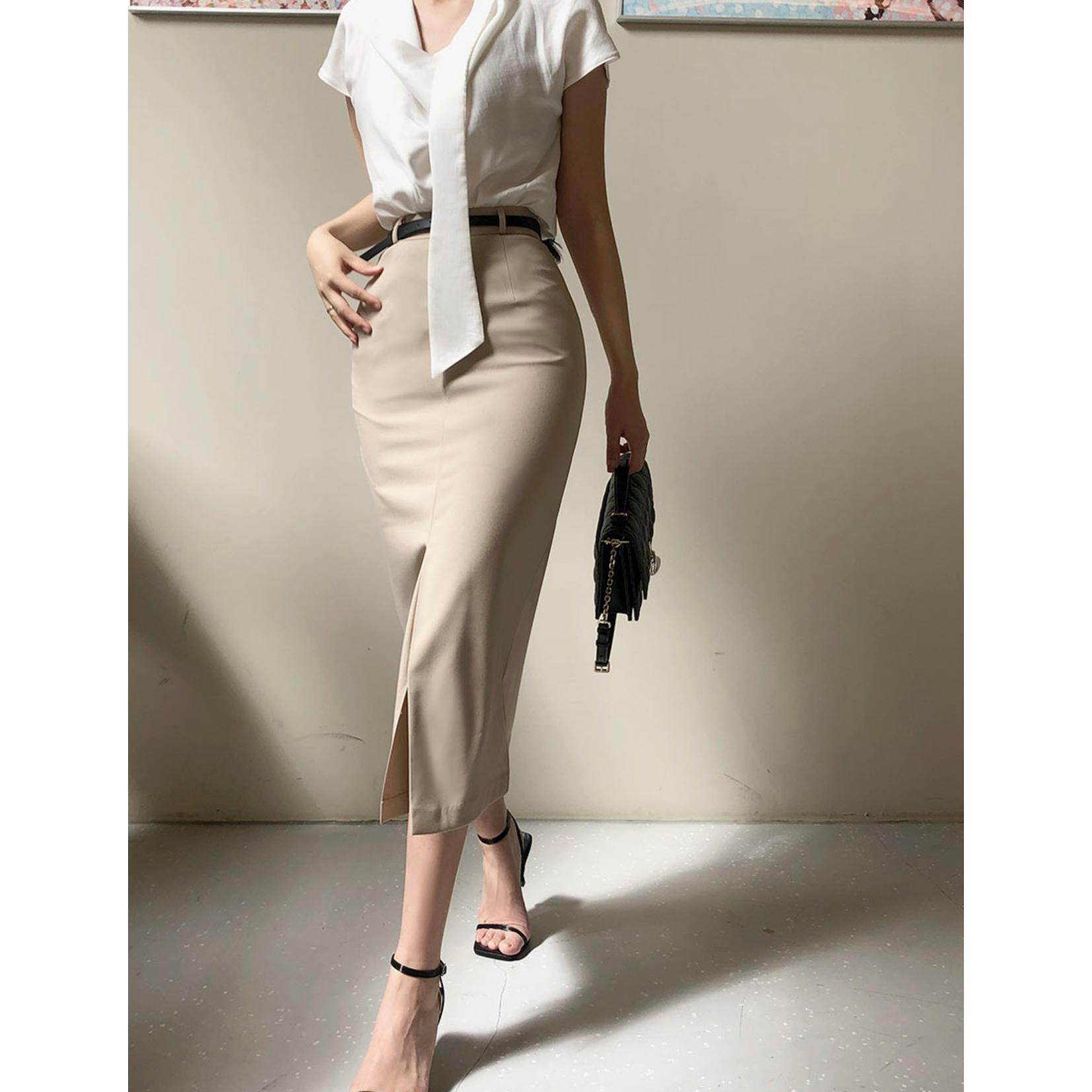 辛子韩国代购东大门秋新款女人味开叉中裙一步裙含腰带