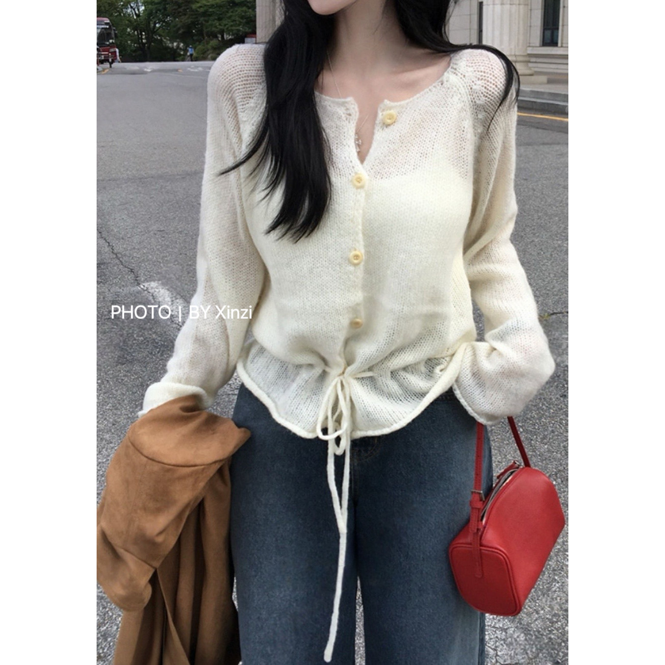 韩系甜美收腰系带荷叶边针织开衫