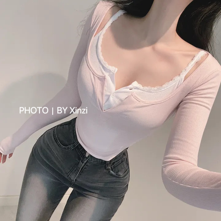 韩系V领蕾丝吊带针织两件套