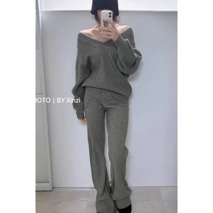 辛子韩国代购 套装 女时尚 两件套 慵懒风一字肩针织上衣休闲阔腿长裤