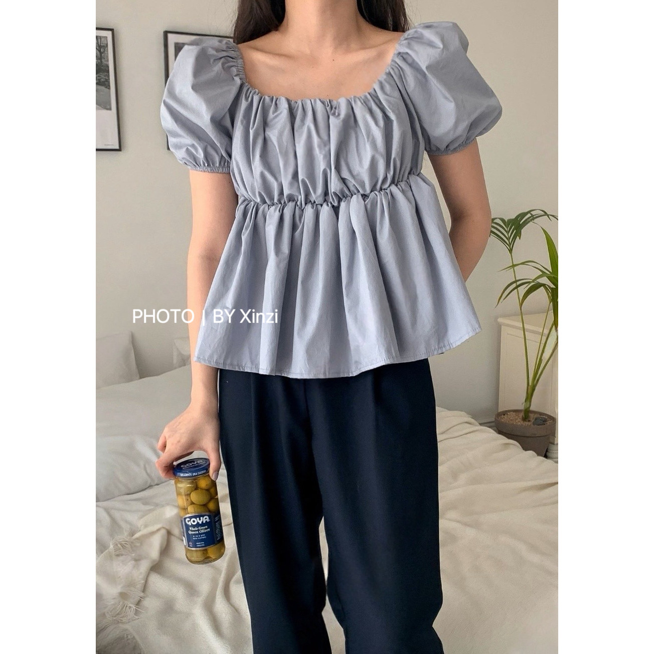 韩版方领泡泡袖修身显瘦娃娃衫