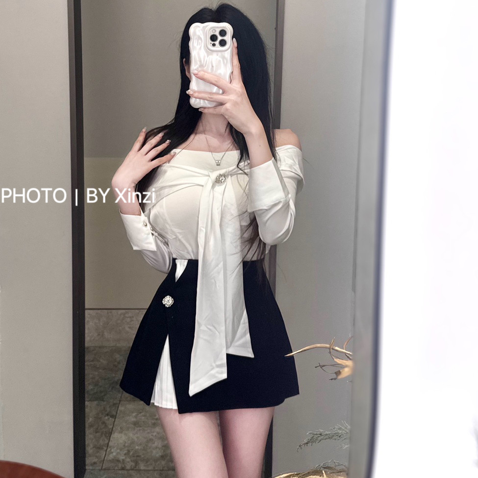 法式一字肩露肩A字裙套装