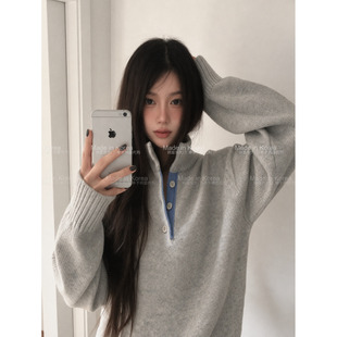 辛子韩国代购甜美风高领钮扣毛衣女秋季新款宽松套头针织衫长袖