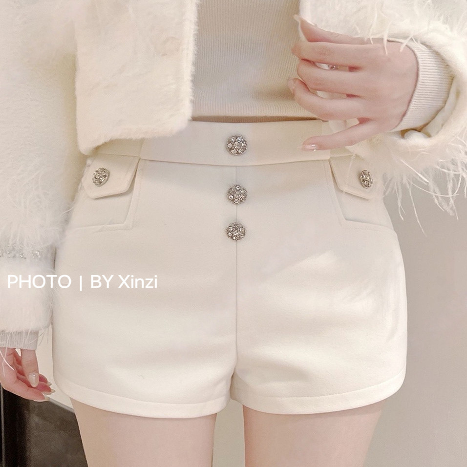 韩国代购毛呢高腰显瘦直筒短裤