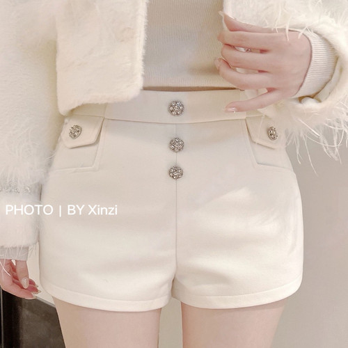 韩国代购毛呢高腰显瘦直筒短裤