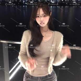 显身材奶油色开衫 辛子韩国代购 长袖 东大门新款 毛茸茸软糯开衫