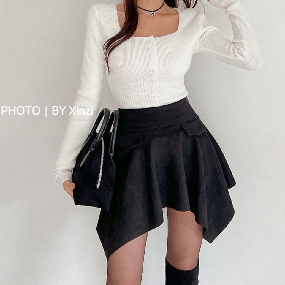 辛子韩国代购复古不对称不规则半身裙女黑色短裙小众设计感裙子