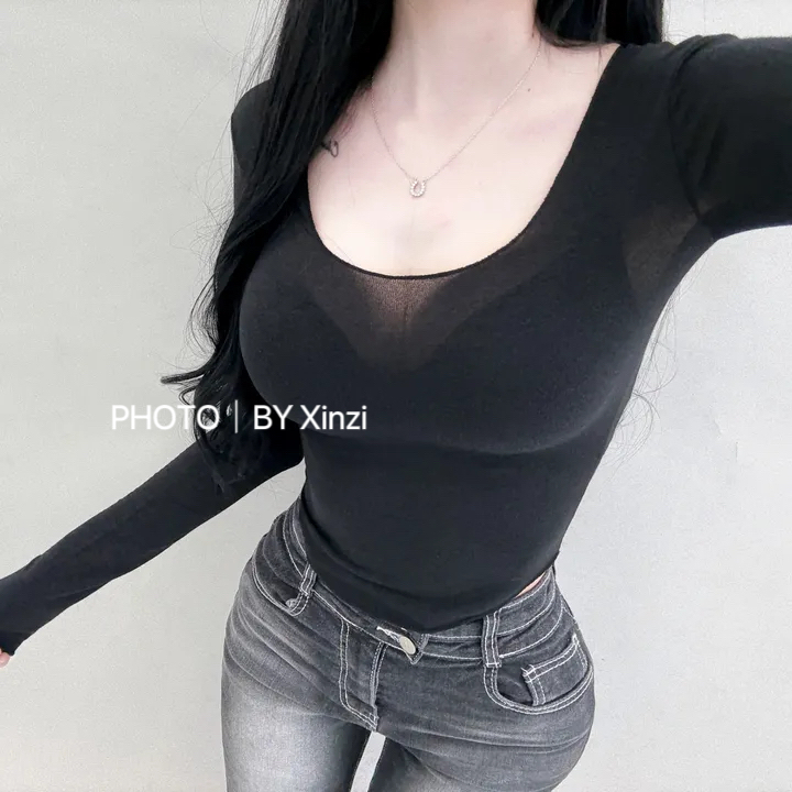 韩国代购U领长袖微透T恤女