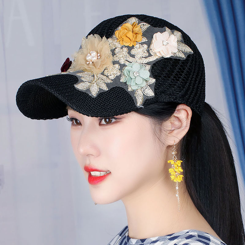 夏天新款帽子女帽贴花镂空棒球帽休闲帽鸭舌帽防晒遮阳帽扎马尾帽